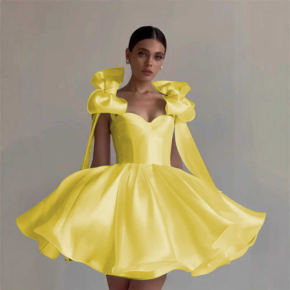 Robe de soirée élégante pour femme, mini-robe trapèze en satin à bretelles fines avec nœud, pour fêtes et banquets, style mondaine
