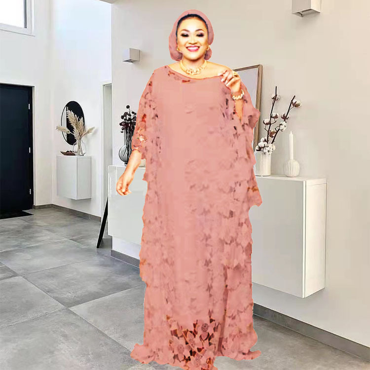Femmes Robe en dentelle ample fête longue avec doublure col rond poignet manches chauve-souris mode confortable décontracté féminin Robe de dame africaine