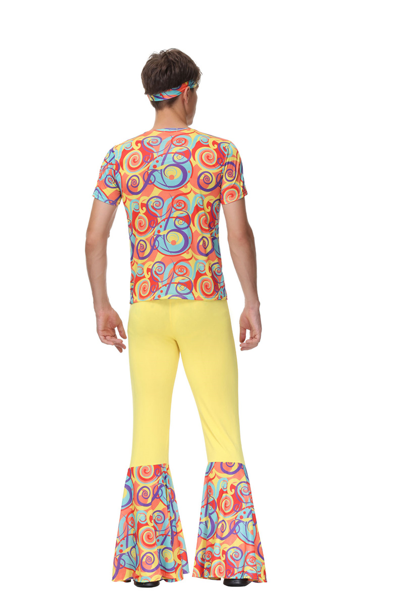 Costume de couple pour fête, style hippie rétro années 70, motif cœur d'amour et de paix, tenue rock disco, pour hommes et femmes, costume de cosplay hippie à pattes d'éléphant