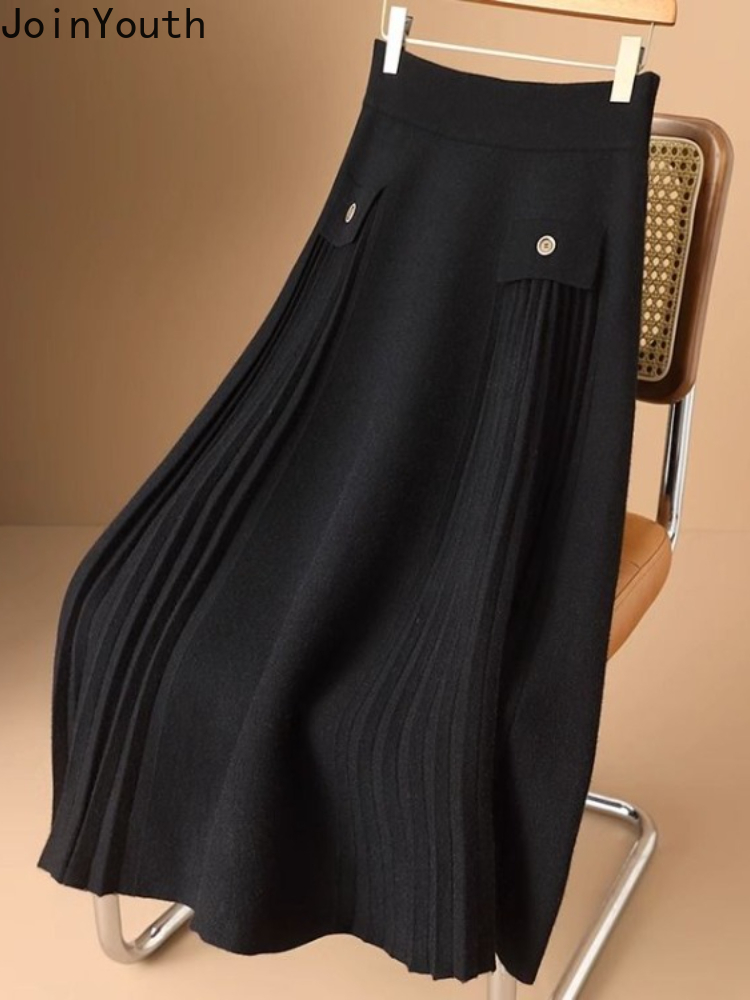 Jupes Vintage pour femmes taille haute a-ligne Jupe 2025 Faldas Mujer De Moda épais coréen ample Saia tricoté Jupe longue plissée