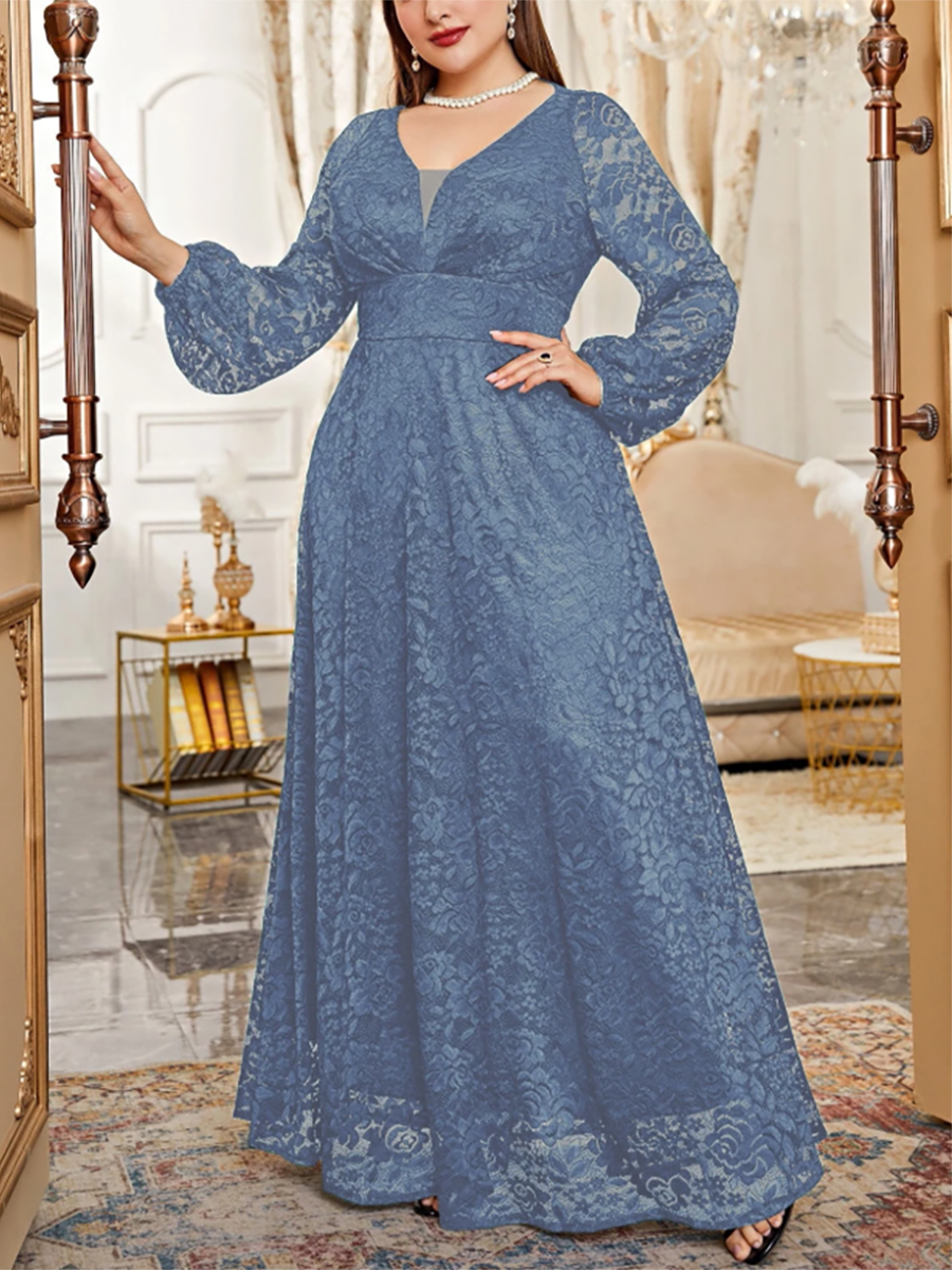 Robe Grande Taille Femme Col V Manches Longues Dentelle Taille Haute Coupe Évasée Élégante Printemps-Été Glamour Soirée Extensible