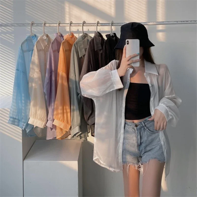 Femmes Chemise À Manches Longues Top Chemisier Femme En Mousseline De Soie Lâche Sexy Solide D'été Cardigan Couleur Mince Chemise Décontractée Vêtements D'extérieur Franc [рач coi