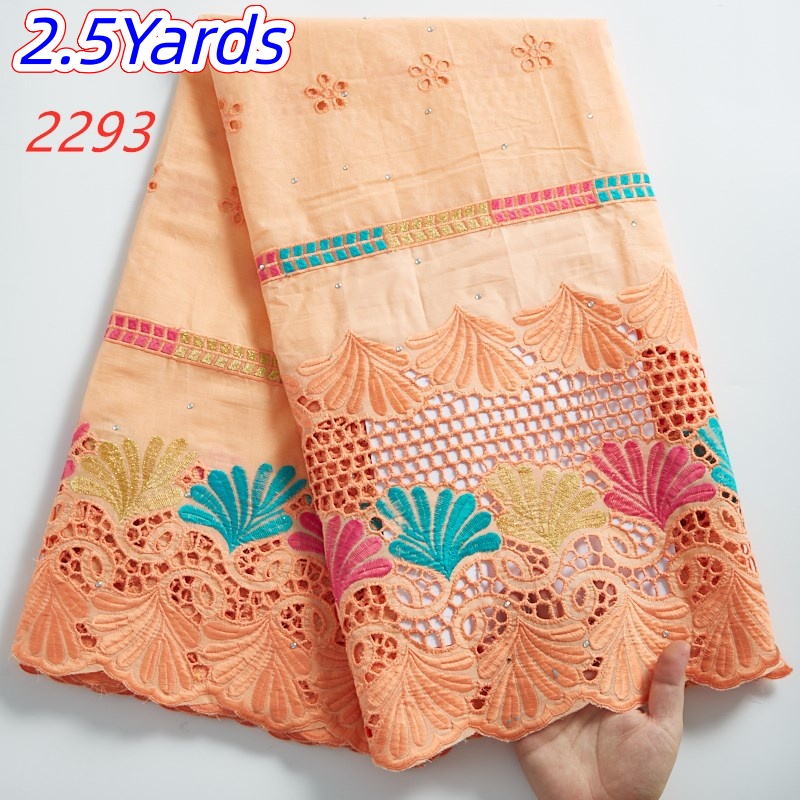 Tissu en dentelle de coton africain brodé, voile suisse de haute qualité avec pierres pour robes de mariée et de soirée pour femmes, 2,5 yards