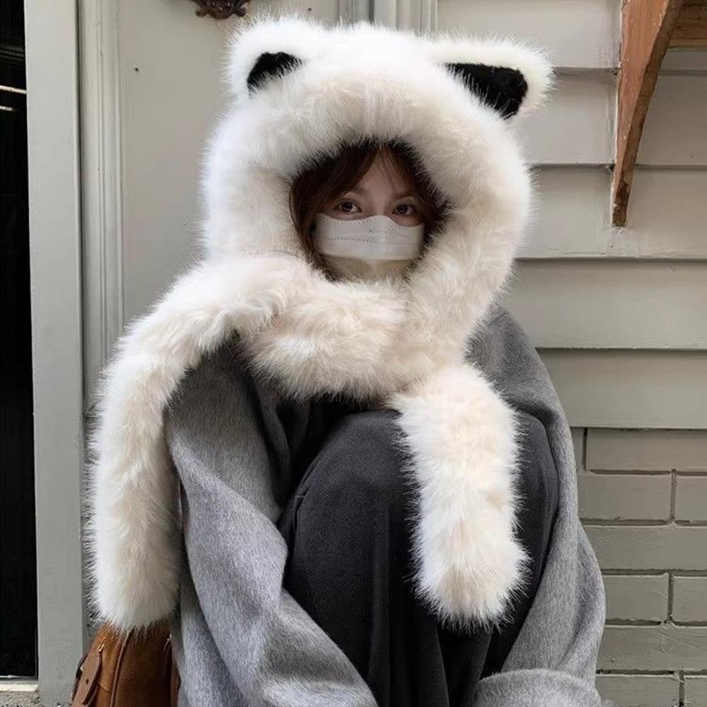 Mignon renard oreille moelleux chapeau écharpe chaud épais en peluche à capuche écharpe pour les femmes hiver coupe-vent Protection oreille chapeau Lei Feng chapeaux