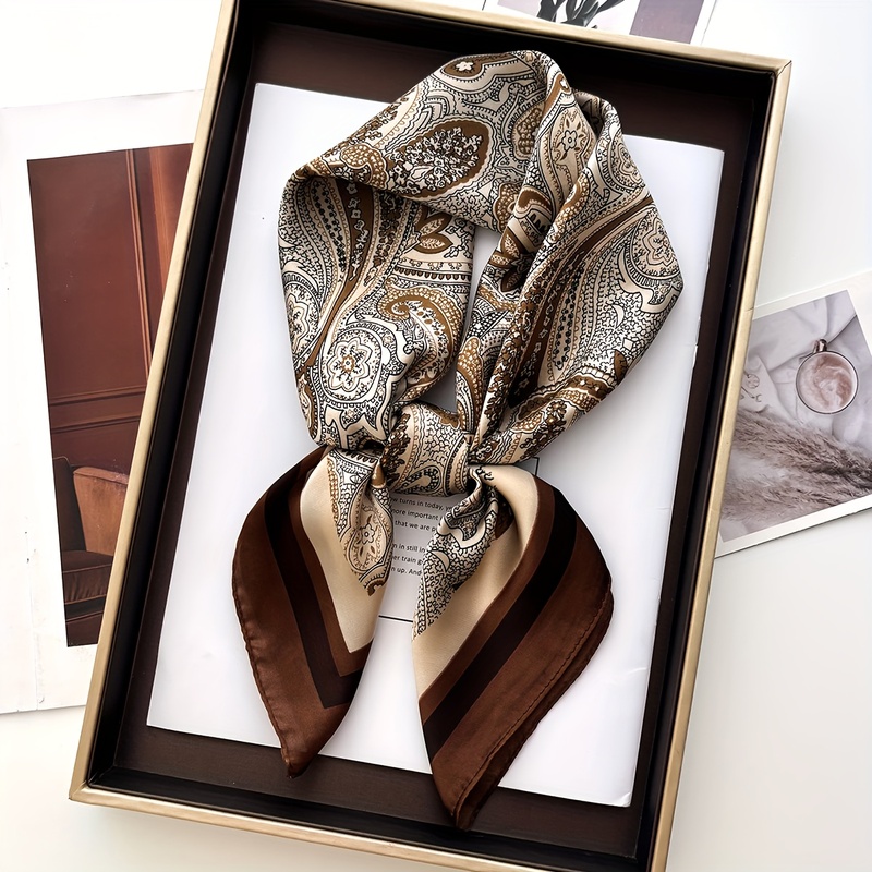 Écharpe carrée marron à motif Paisley pour femmes, foulard multifonctionnel, châle, texture soyeuse, accessoire de mode, disponible en quatre saisons