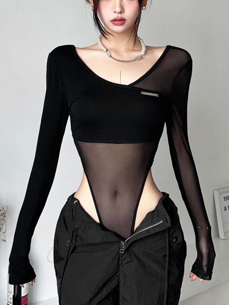 Body transparent noir, Lingerie Sexy à manches longues, col en v, une pièce, dos nu, hauts pour femmes