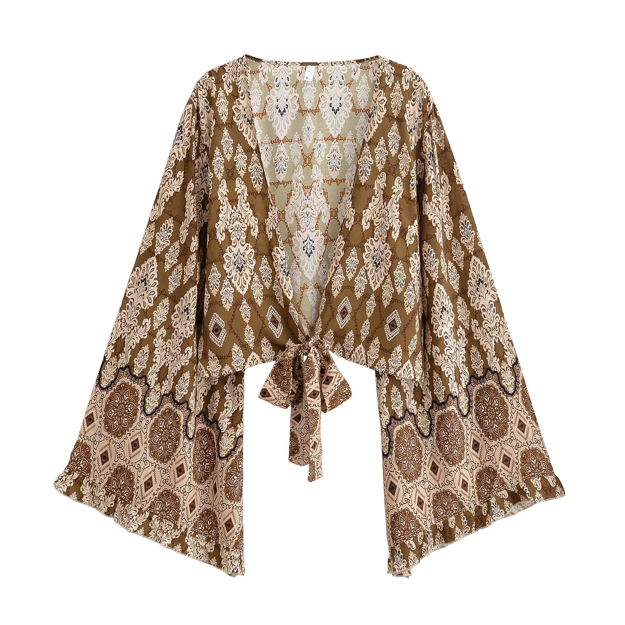 Kimono Bohème à Imprimé Floral en Rayonne pour Femmes, Hauts de Vacances d'Été, Crop Top à Volants et Manches Évasées avec Nœud sur le Devant, Cache-maillots de Plage Bohème