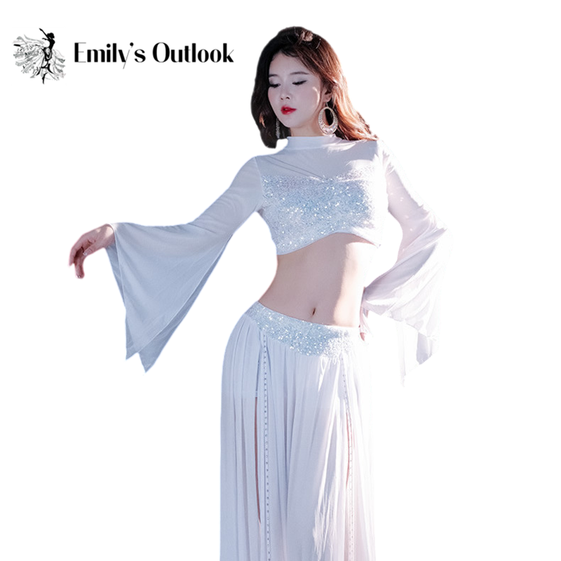 Tenue de danse orientale sexy pour femmes, haut en mousseline transparente à sequins à manches longues, jupe fendue sur le côté, compétition de danse du ventre