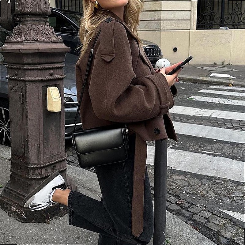 Manteau classique en laine avec revers crantés et ceinture, manteau court pour femmes, vêtements d'extérieur pour le printemps et l'automne, manteaux élégants