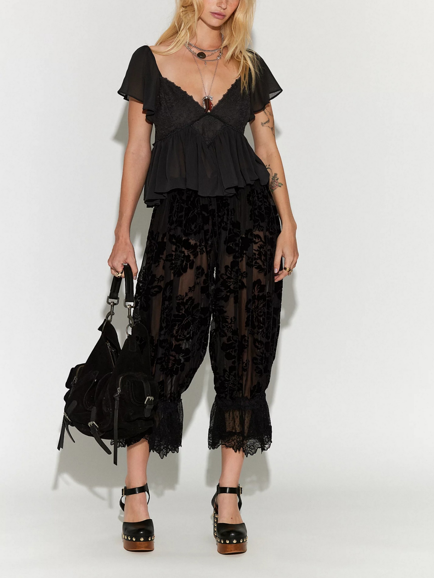 Pantalon Lanterne Lamuusaa pour Femme, Vêtement Élégant, Motif Floral en Velours, Taille Basse, Bordure en Dentelle, Pantalon Patte d'Éléphant, Streetwear