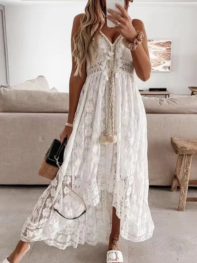Robe longue en dentelle sans manches pour femmes, mode d'été, Sexy, plage, vacances, col en V, ajourée, robes amples élégantes