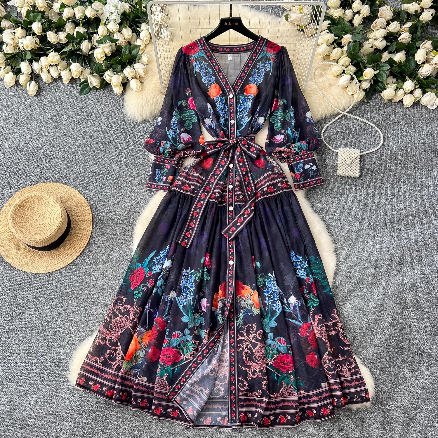 Robe d'été bohème en mousseline de soie à fleurs pour femmes, col en V, manches longues lanterne, ceintures, plage, vacances, éducatif, 2025