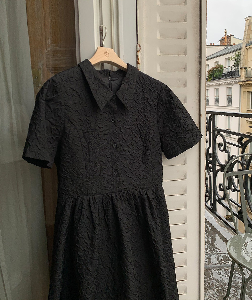 Robe trapèze tendance pour femme, manches courtes, col rabattu, en tissu Dobby, noire, pour l'été