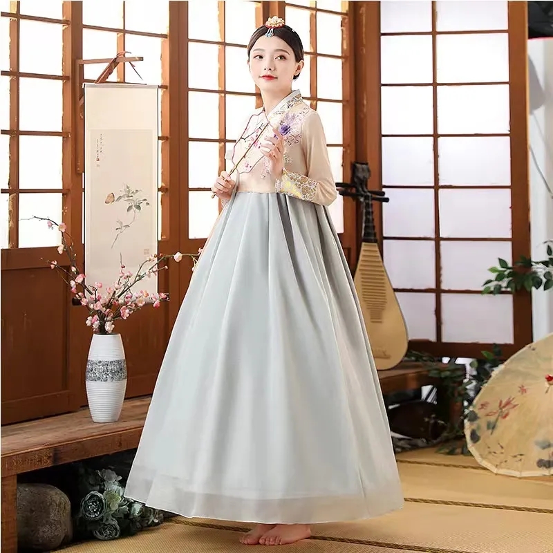 Vêtements Hanbok de palais traditionnel pour femmes, robes de minorité ethnique bronzantes, vêtements de spectacle de danse ethnique améliorés, costume