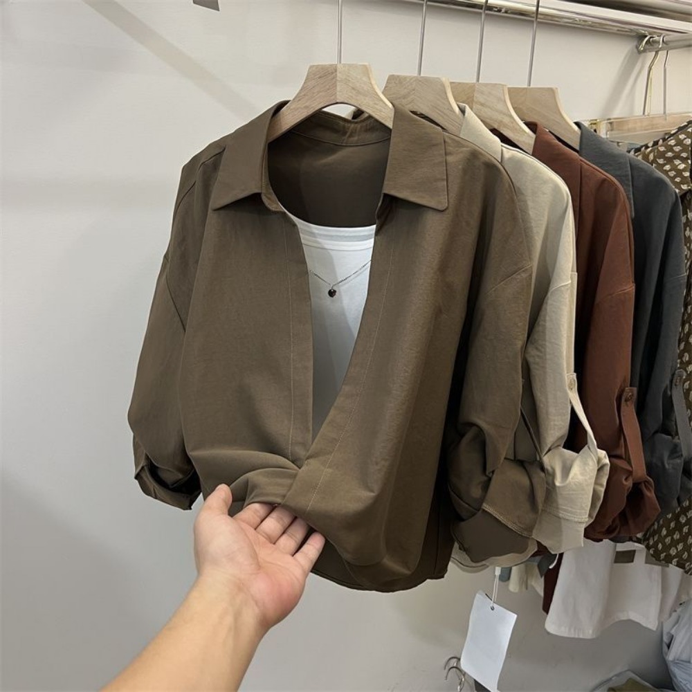 Mode simplicité élégant tendance printemps été pull hauts à manches longues col polo faux deux chemises à manches longues pour les femmes