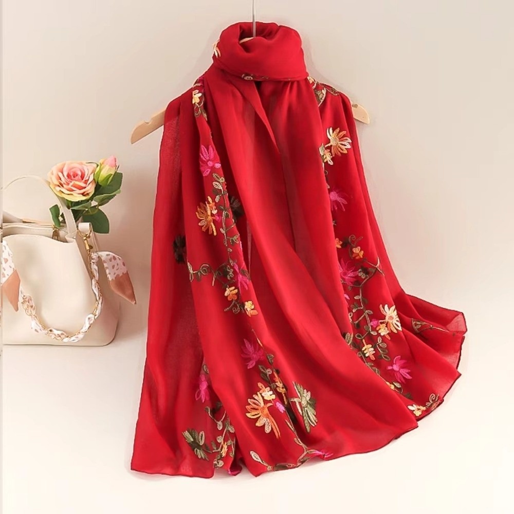 Écharpe longue printemps-été en coton et lin, brodée, double usage, pour femme, style littéraire national, châle de voyage anti-UV
