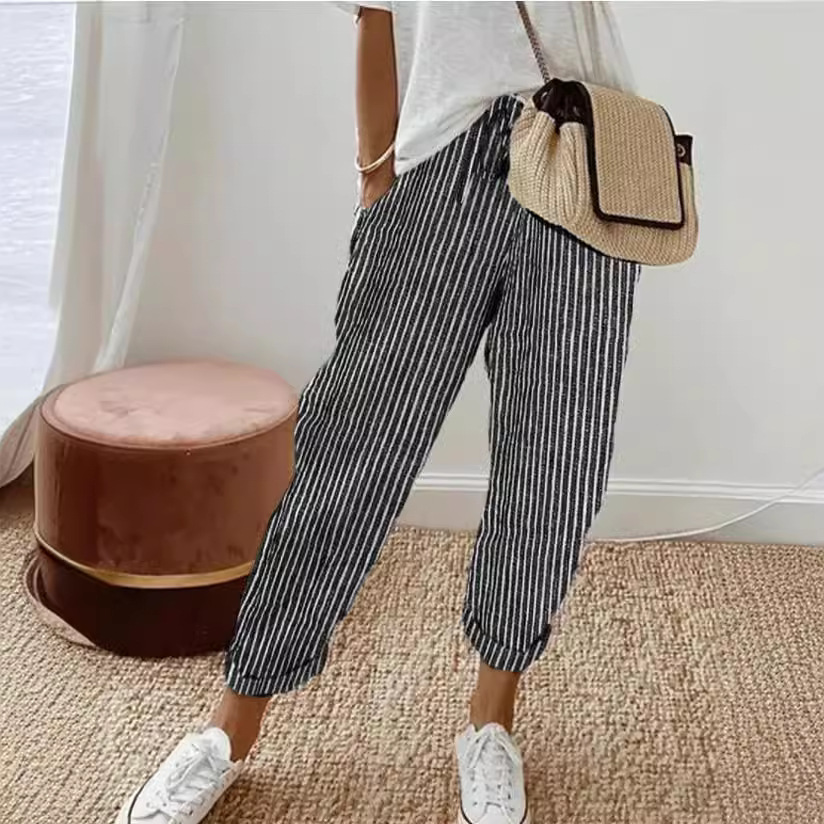 Pantalons femmes 2025 nouvelle mode été rayé décontracté ample taille élastique couleur unie cheville longueur pantalon vêtements pour femmes