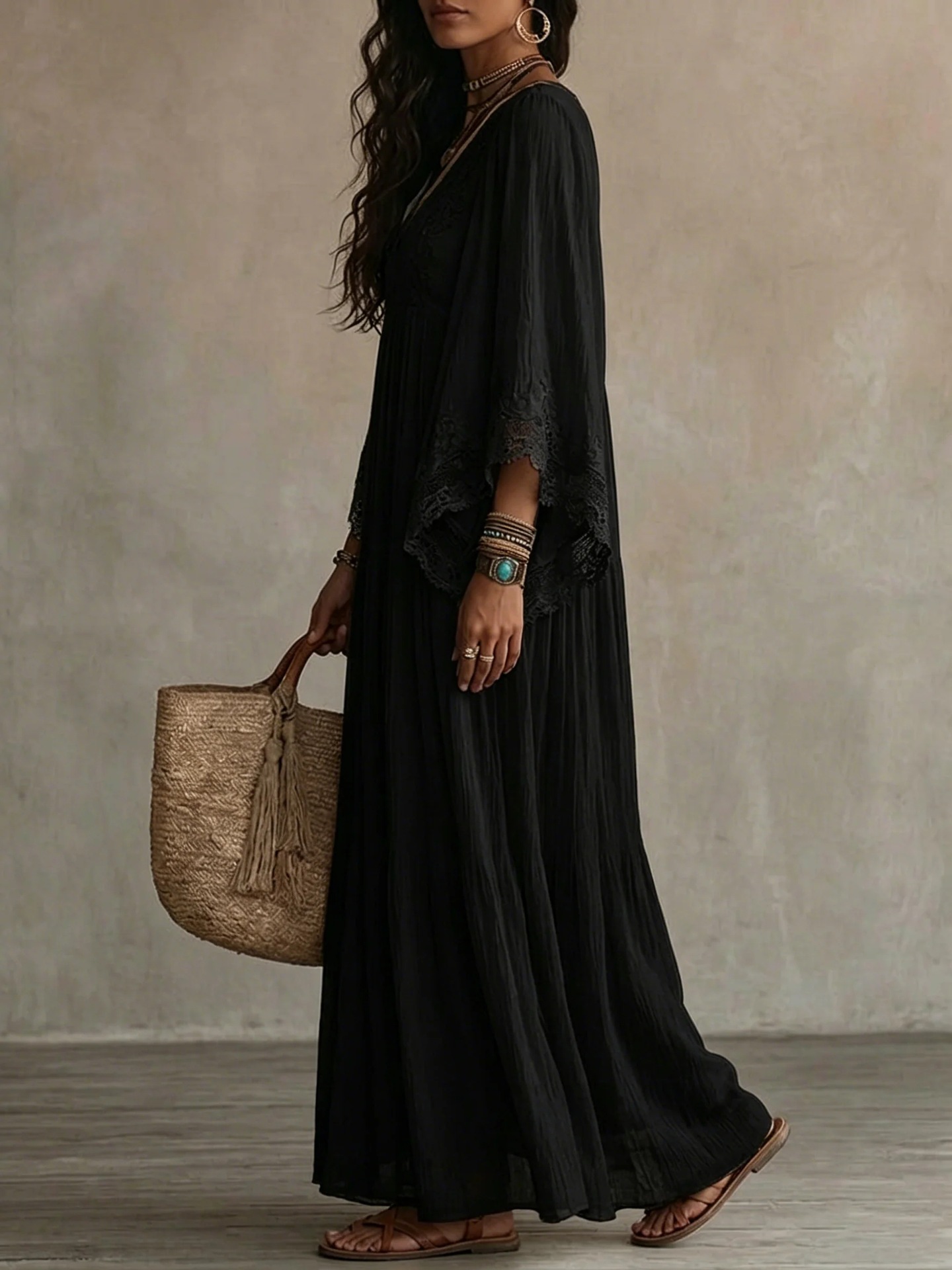 Robe longue décontractée ample pour un confort quotidien, style plage et villégiature, couleur unie, élégante et simple, col en V, manches chauve-souris, printemps-automne