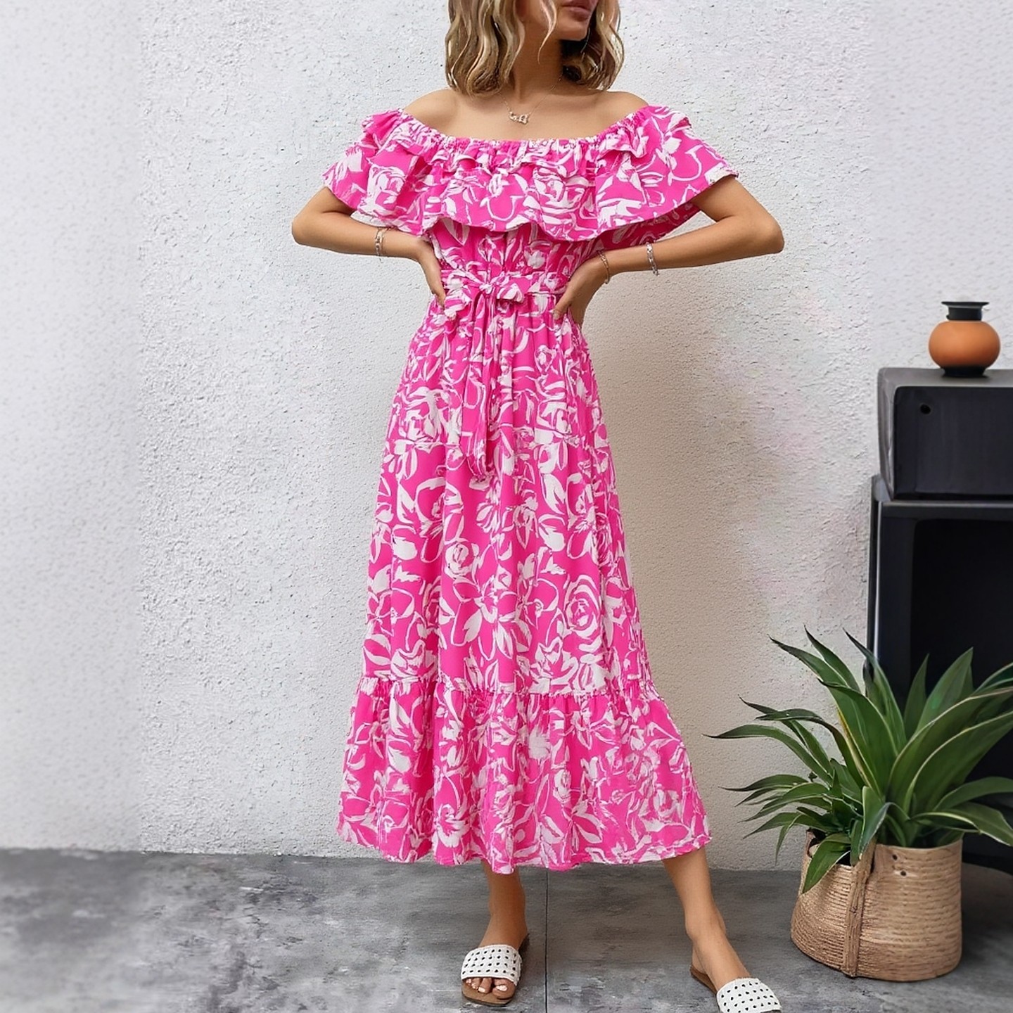 YuooMuoo Robe longue florale pour femme, épaules dénudées, style coréen, à volants, taille ajustée, coupe trapèze, robe de soirée, bohème d'été, ceinturée, robe de plage