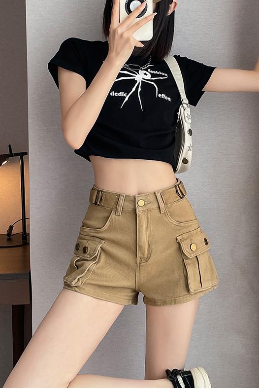 Shorts en jean kaki décontractés taille haute pour femme – Nouveau style américain, shorts polyvalents et élégants pour l'été