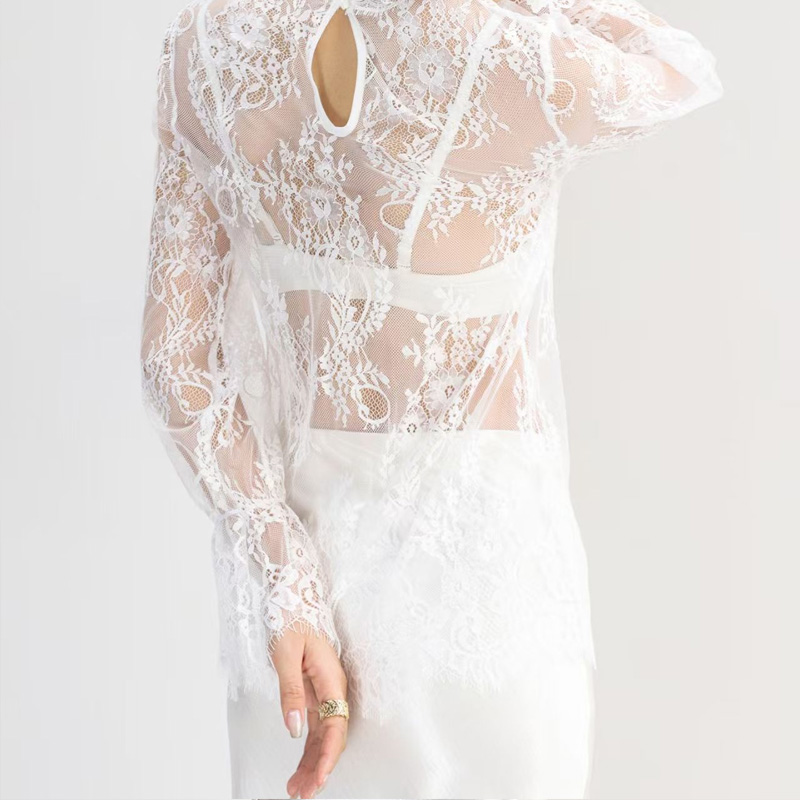 Femmes dentelle broderie florale Blouses chemise femme hauts blancs Sexy maille Blouses Transparent élégant Transparent noir Blouse chemise