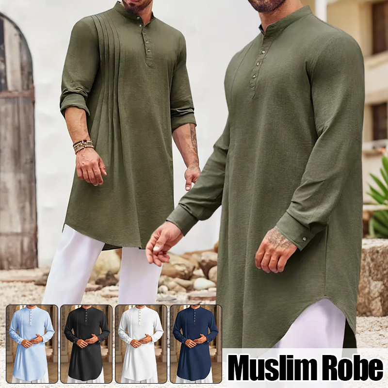 Chemise musulmane pour hommes, col montant, manches longues, Kaftan arabe islamique, couleur unie, Streetwear décontracté, vêtements en coton et lin, nouvelle collection