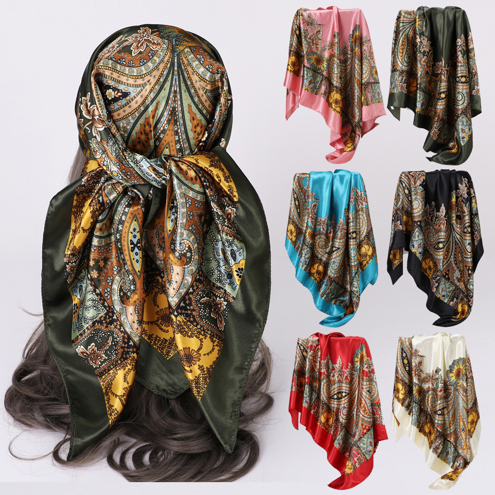 Foulard carré 90 cm pour femme, motif cachemire, bandana en satin, hijab vintage, foulard multi-usage pour le cou et les cheveux, cadeau de mode pour femmes