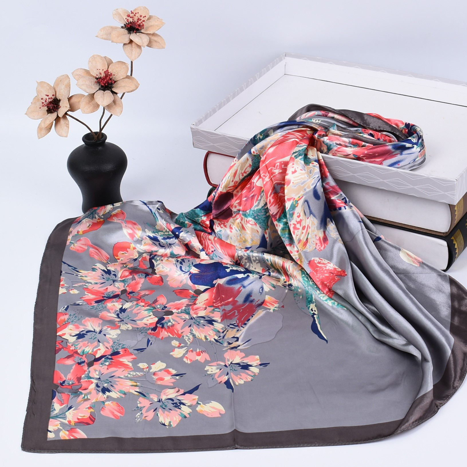 Foulard Carré en Soie de Luxe pour Femme, Écharpe de Tête Quatre Saisons, Hijab, Bandana, Châle 90*90cm