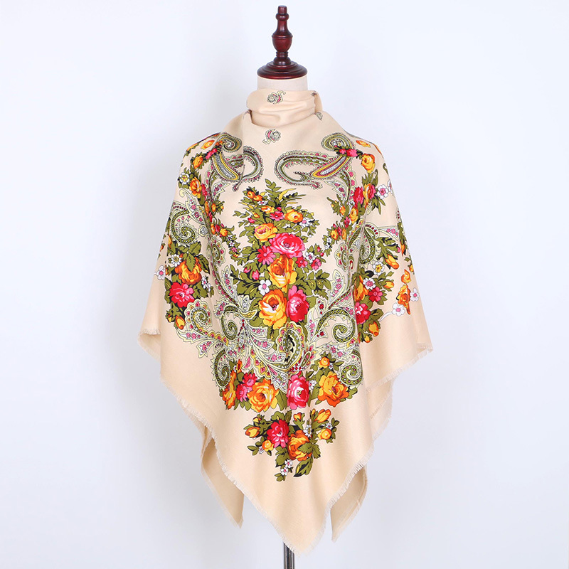 Écharpe carrée de grande taille pour femmes russes, Bandana de luxe à imprimé Floral, châle National rétro à pompon court