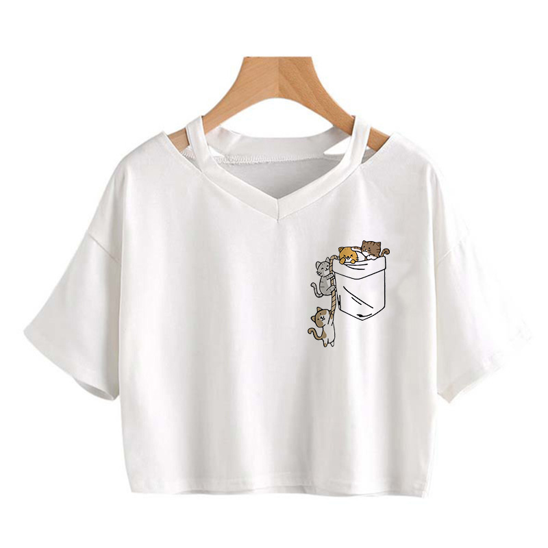 T-shirt court Y2K sexy pour femme, imprimé chat de dessin animé Kawaii, drôle et mignon, idéal pour l'été
