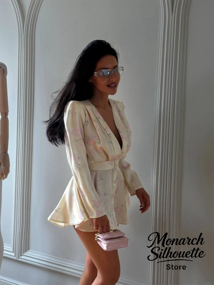 Robe Courte Élégante à Imprimé Floral pour Femme, Chic, Col en V, Manches Longues, Boutonnage Simple, Coupe Slim, Style A-line, Robes de Soirée 2026