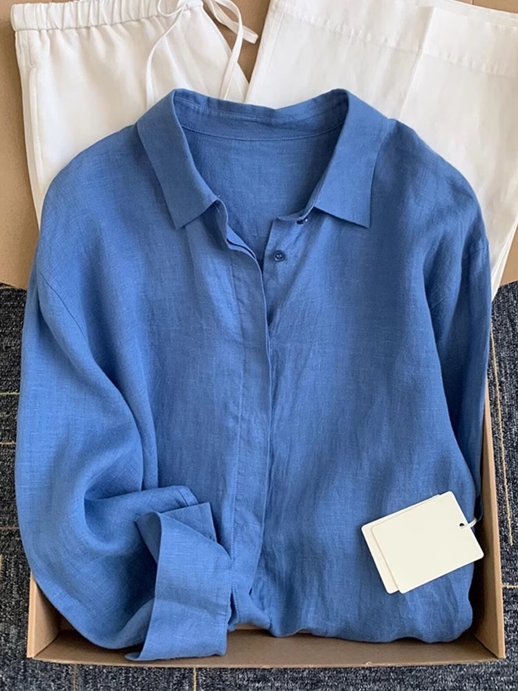 Décontracté bureau dames travail couleur unie chemise en lin à manches longues printemps été simple boutonnage coupe ample mode femmes Blouses hauts