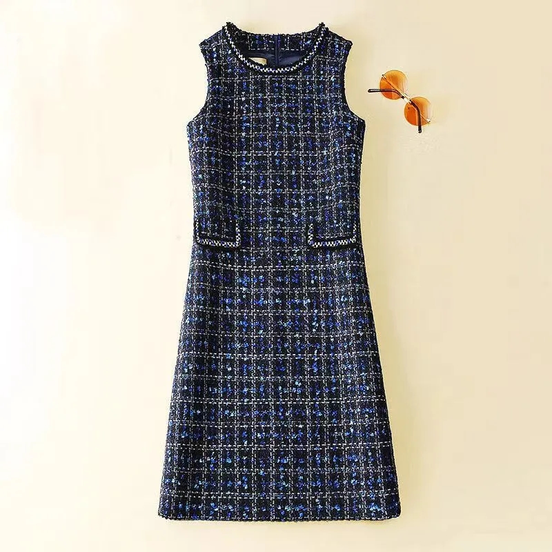 Nouvelle Robe sans Manches en Laine Printemps-Automne 2026 pour Femme, Style Petite Fragrance, Col Rond, Gilet Long Moyen Socialite