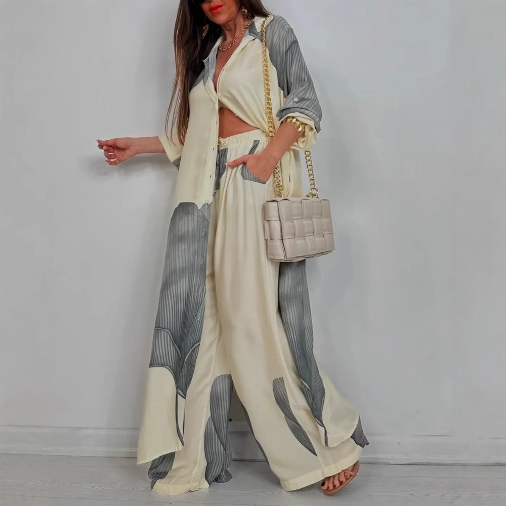 Mode ample imprimé 2 pièces ensemble femmes simple boutonnage Cardigan Robe pantalon à jambes larges décontracté deux pièces tenue femme Robe