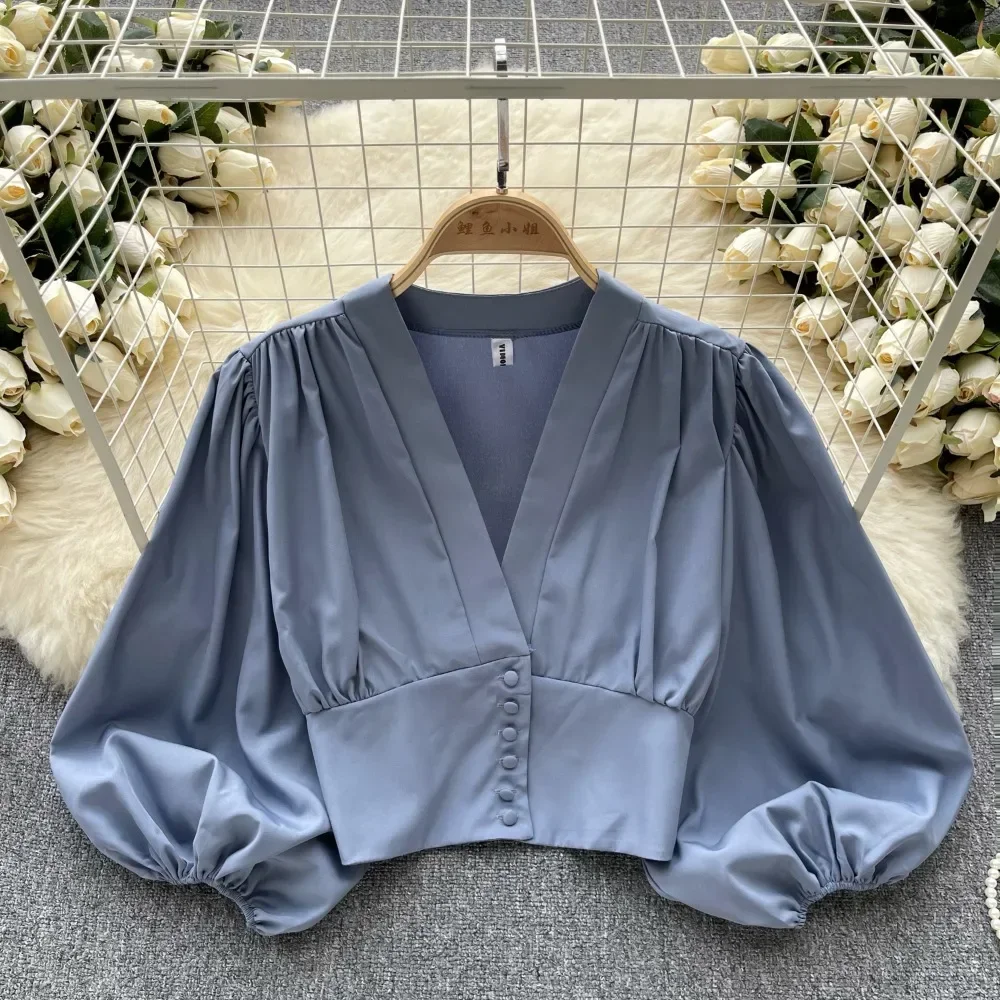 Chemises françaises Chic et élégantes pour femmes, col en v, manches longues bouffantes, chemisier pliable, polyvalent, ventre nu, hauts pour dames, livraison directe