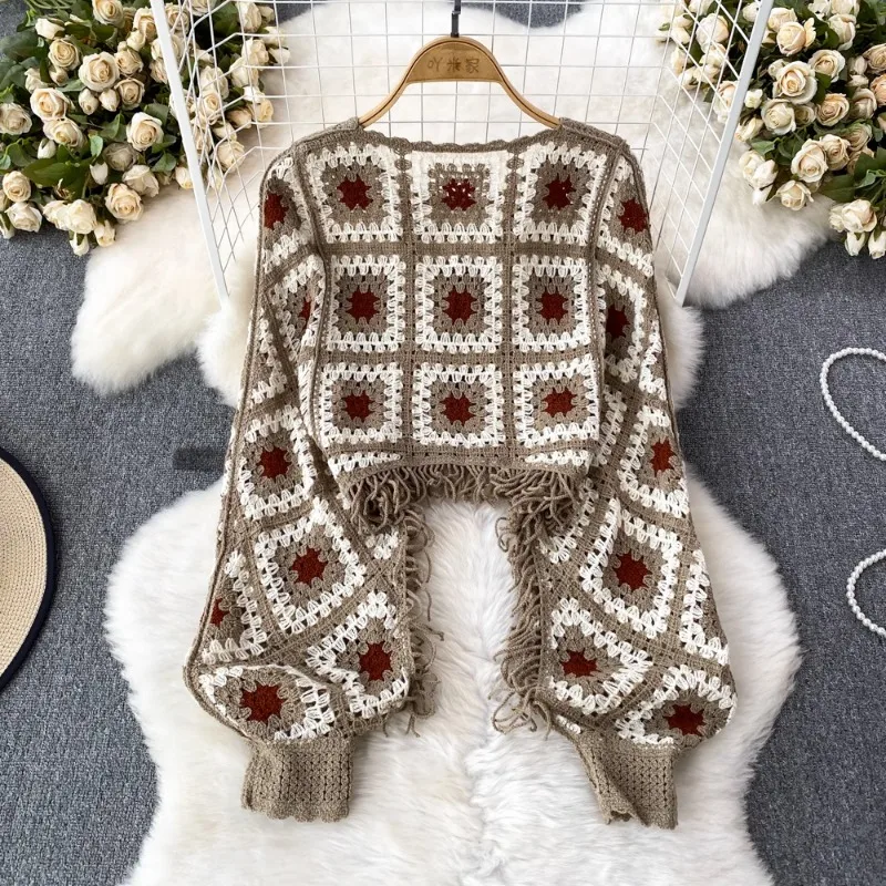 Pull bohème pour femme, col rond, crochet, fleur, creux, pulls vintage pour femme, pulls d'automne à carreaux, pompon, tout-puissant, livraison directe