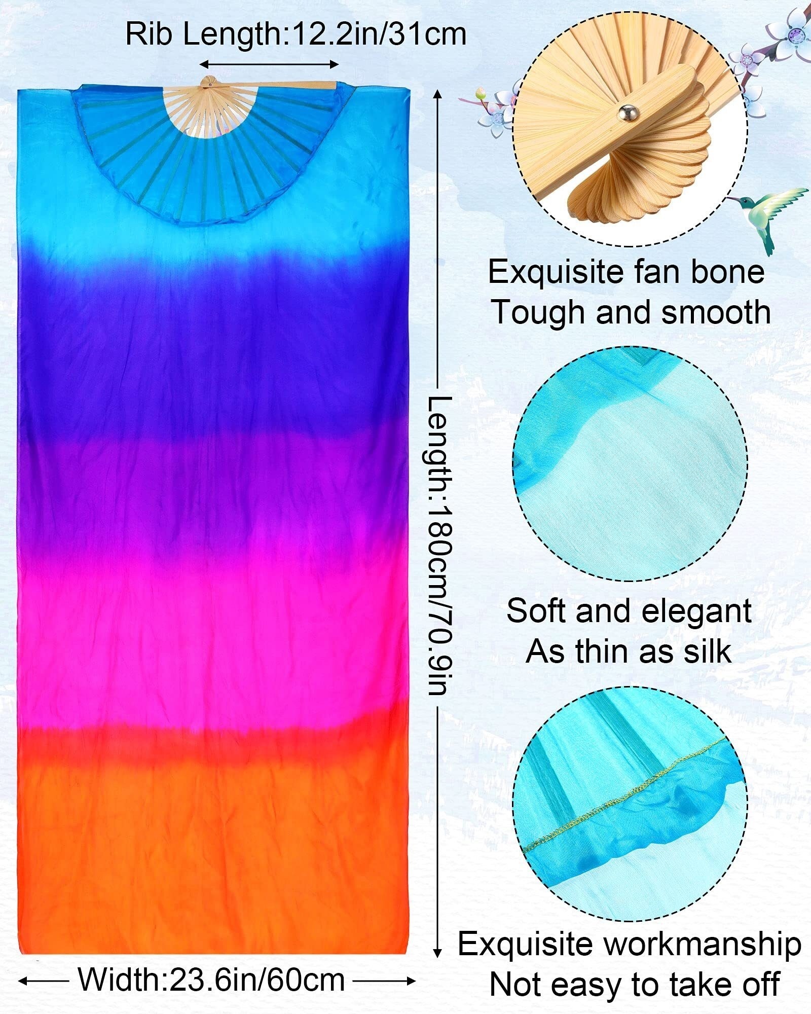 1 paire (gauche + droite) d'éventails de danse orientale pour femmes, éventail long pliable en bambou coloré avec rubans en soie imitation, 180 cm