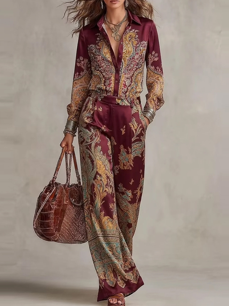 Ensemble deux pièces pour femmes en satin, imprimé paisley rétro, chemise à col à revers et manches longues, pantalon large à taille haute, ensemble décontracté pour les vacances.
