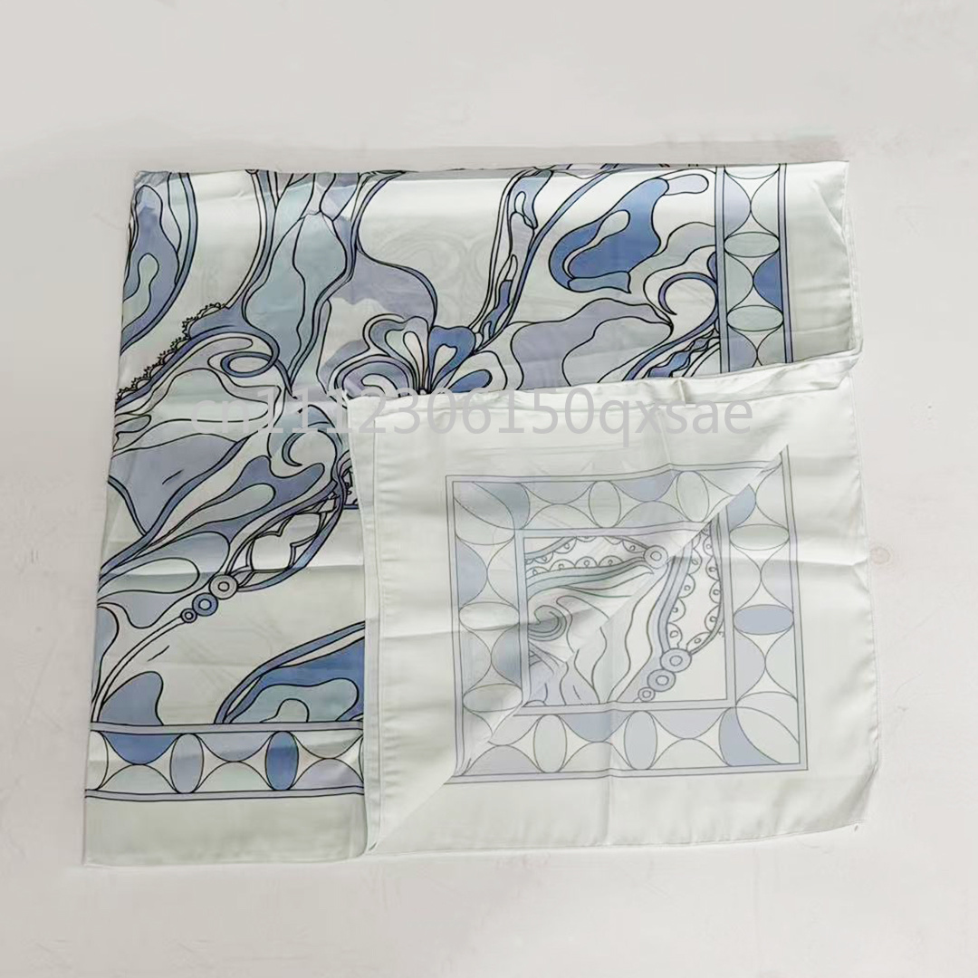 Écharpe en soie bleu clair pour femme, design luxueux, avec logo signature, écharpe carrée classique de marque, 90x90cm