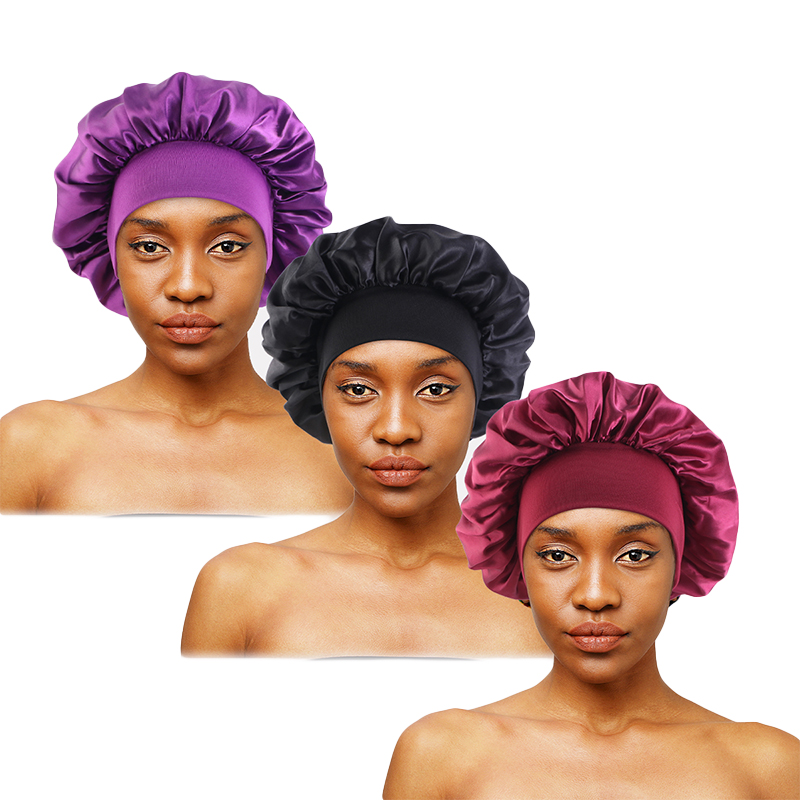 Bonnet de nuit unisexe à bande élastique, 3 pièces/lot, Bonnet de bain Extra Large en Satin soyeux, Bonnet de sommeil pour bouclé et élastique