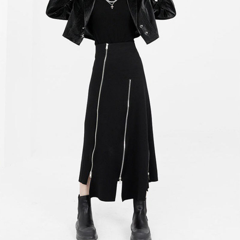Jupe taille haute pour femme, style punk Harajuku, irrégulière, fermeture éclair, gothique, noir, hip hop, streetwear
