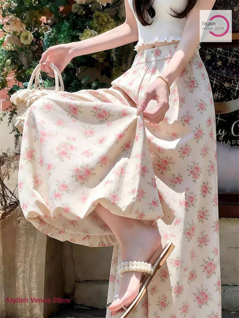 Pantalon coréen à taille haute et coupe lanterne, style floral, pour femme, nouvelle collection printemps-été, décontracté, ample, anti-UV, fluide, à jambes larges.