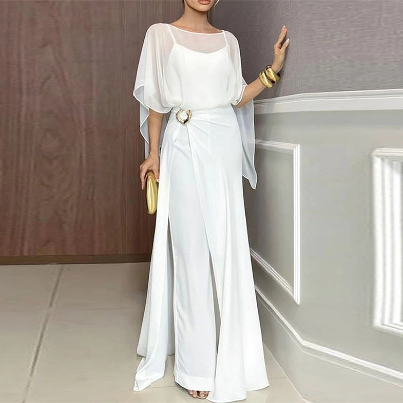 Ensemble pantalon femme 3 pièces : hauts à fines bretelles, pantalon long à jambes larges, surchemise en maille à fente haute – Élégant, style Y2K, streetwear, décontracté, pour le travail, été