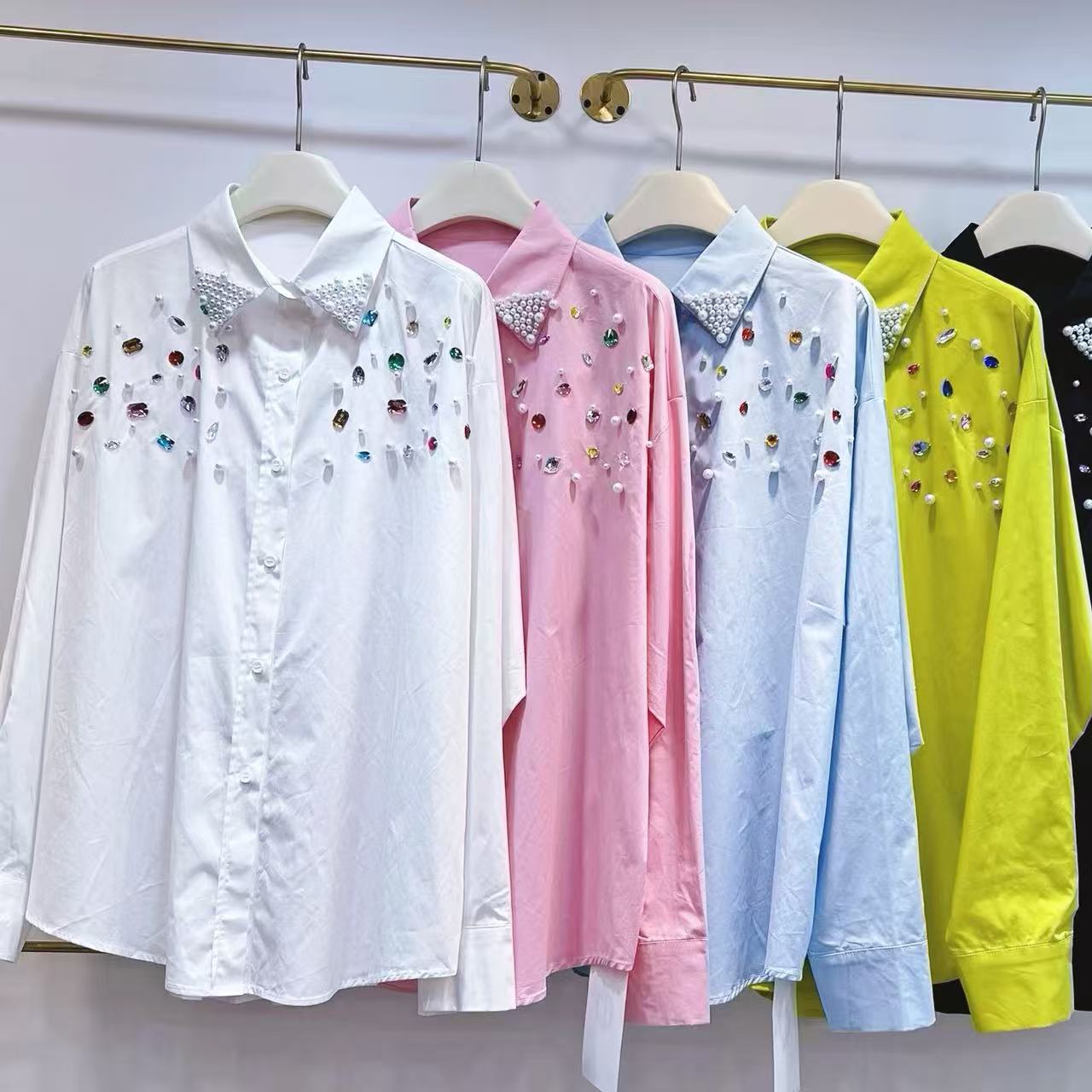 Chemises élégantes en perles pour femmes, chemisiers amples à manches longues pour dames, mode Y2k, nouveaux hauts Chic pour femmes, vêtements pour femmes