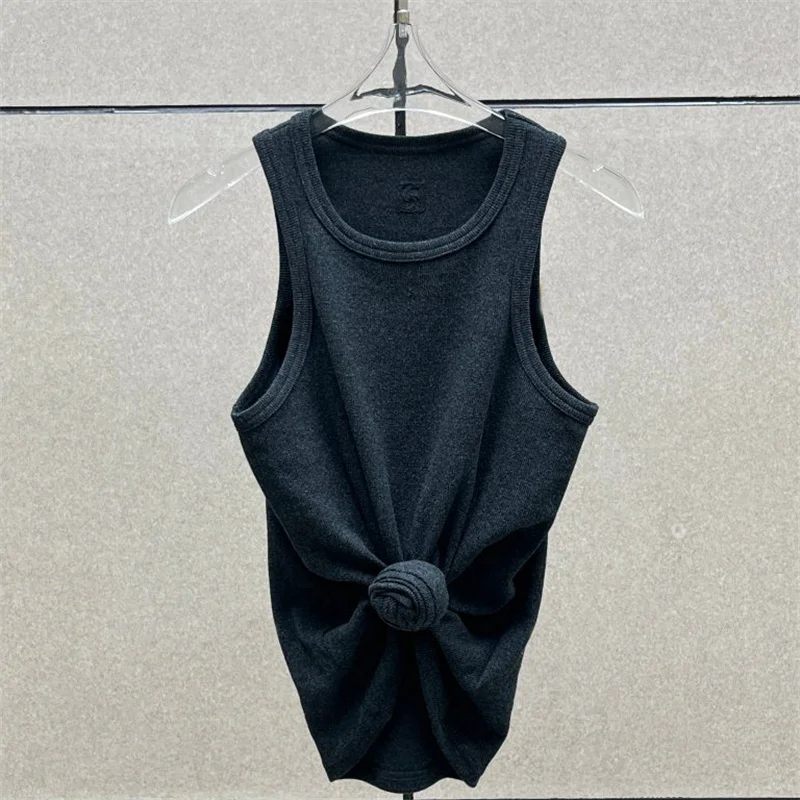 Gilet femme nouveau élastique tricoté coupe ajustée haut sans manches pour l'été 2025 pur coton col rond pull T-shirt y2k haut court