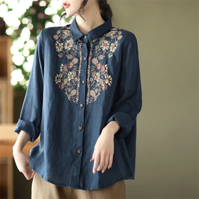 Chemisiers Rétro pour Femmes, Chemise Nationale en Coton et Lin, Blouse Ample Brodé à Col Revers, Cardigan à Manches Longues, Hauts Féminins