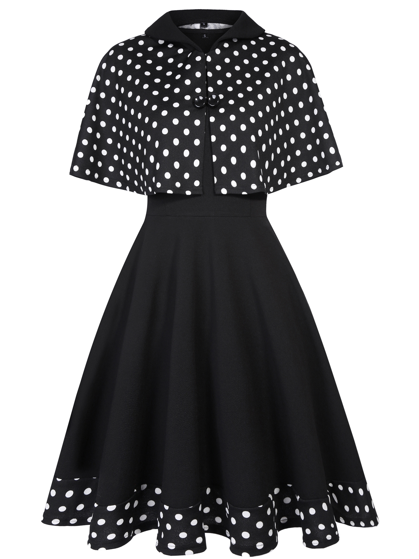 Tenues pour femmes, robe vintage à pois des années 1950, robe longue à manches longues, cape et robe trapèze, ensemble deux pièces, Vestido