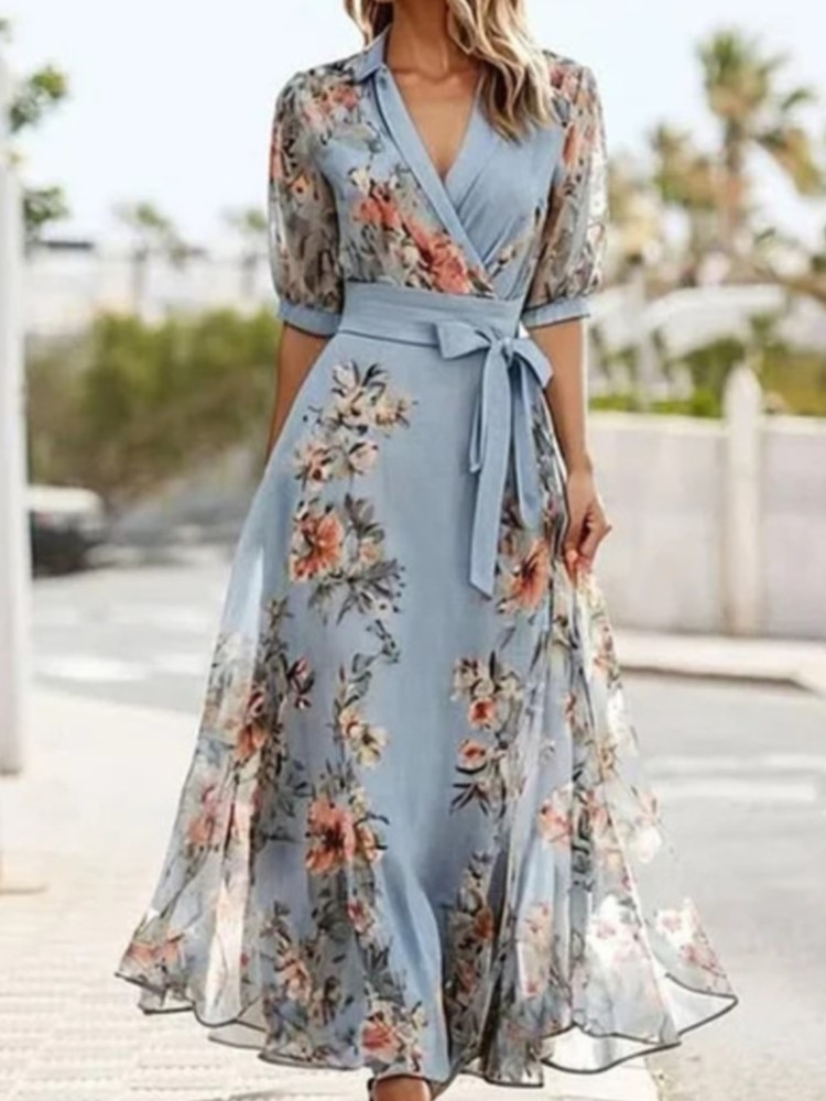 Robe imprimée élégante pour femmes, mode, manches courtes, col en V, taille haute, à lacets, robes amples, décontractées, vêtements de bureau et de vacances