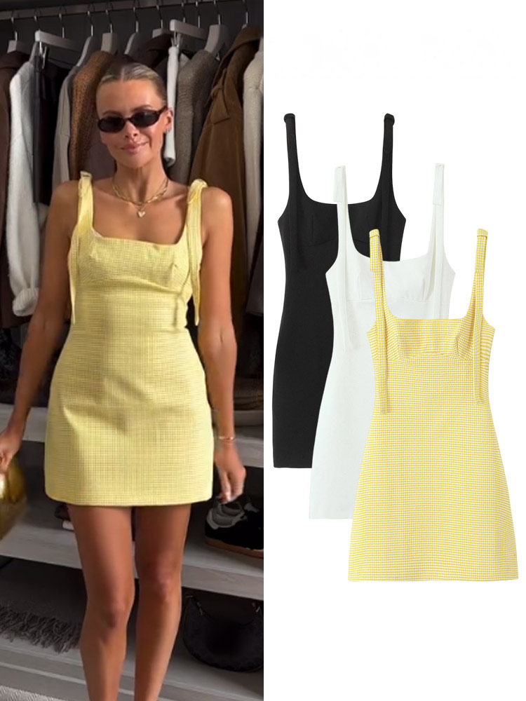 HH – robe à carreaux jaunes pour femmes, col carré, sans manches, dos nu, décoration avec nœud, fermeture éclair, Mini robe d'été Sexy