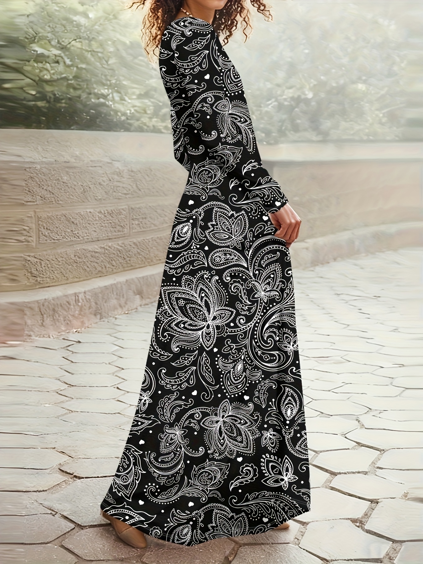 Robe décontractée à manches longues pour femme, imprimé tropical, taille cintrée, coupe trapèze, longueur midi, tenue de vacances, mode estivale, noir et